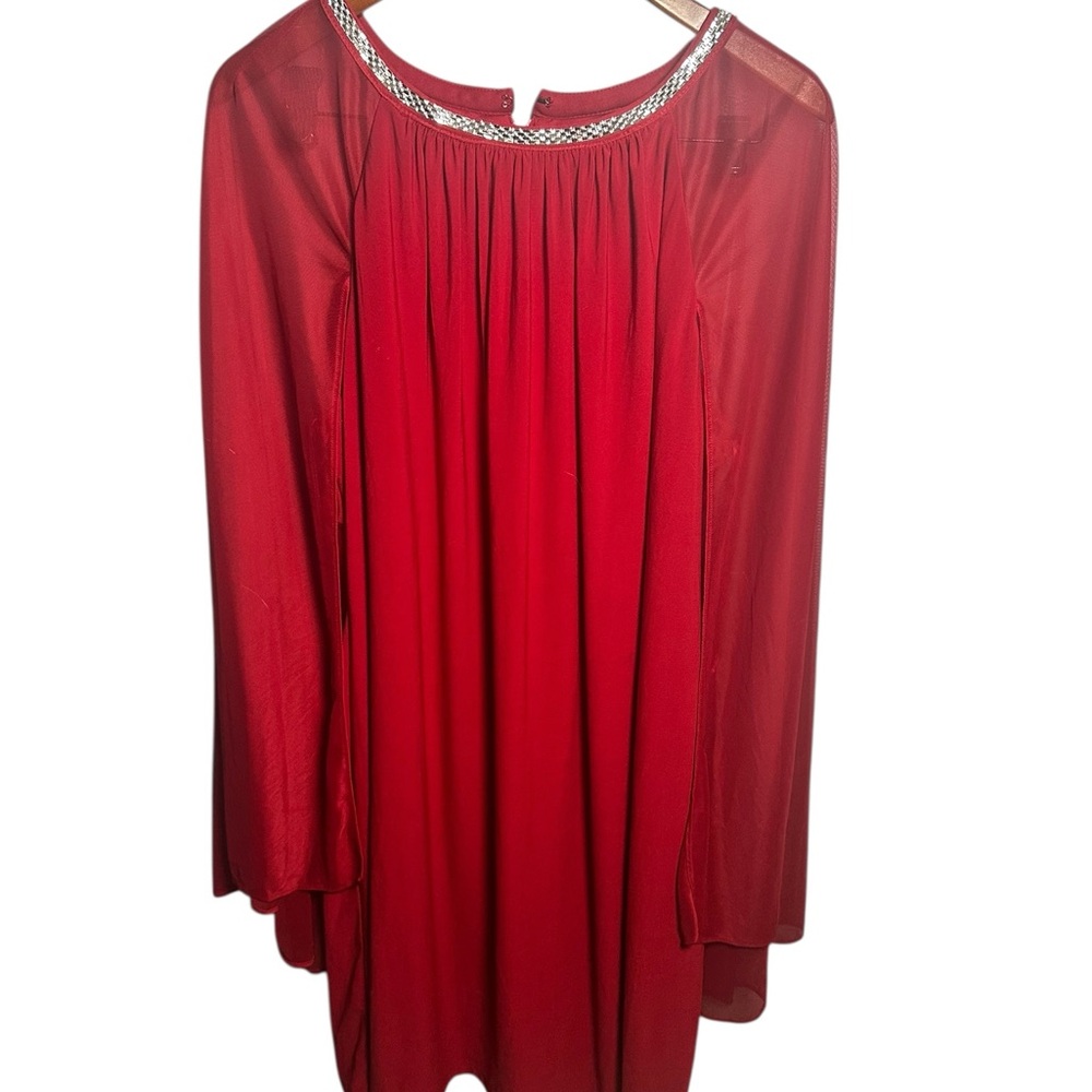 R&M Richards Red Chiffon Dress Rhinestone neckline - Picture 2 of 8